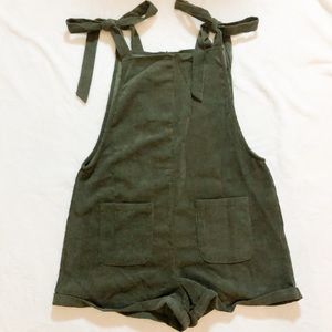 Olive Green Tie Shoulder Patch Pocket Rolled Hem Cord Overall Shorts